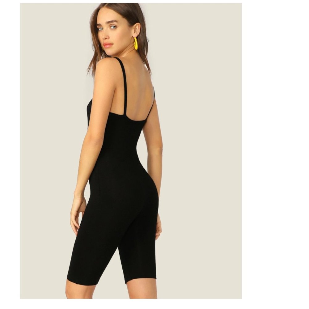 Form-Fitting Solid Cami Romper Black - image 2